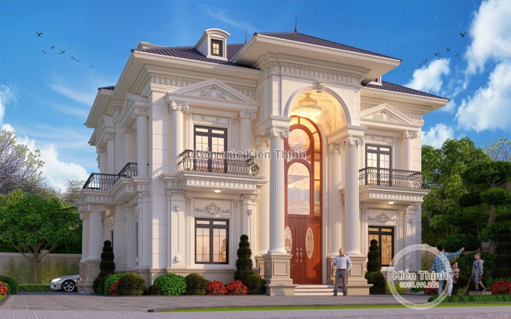 Nhìn tổng thể, biệt thự nổi bật với hệ mái Nhật xanh than, bố cục vuông vức và lớp sơn trắng tinh tế, tạo nên một tổng thể hài hòa