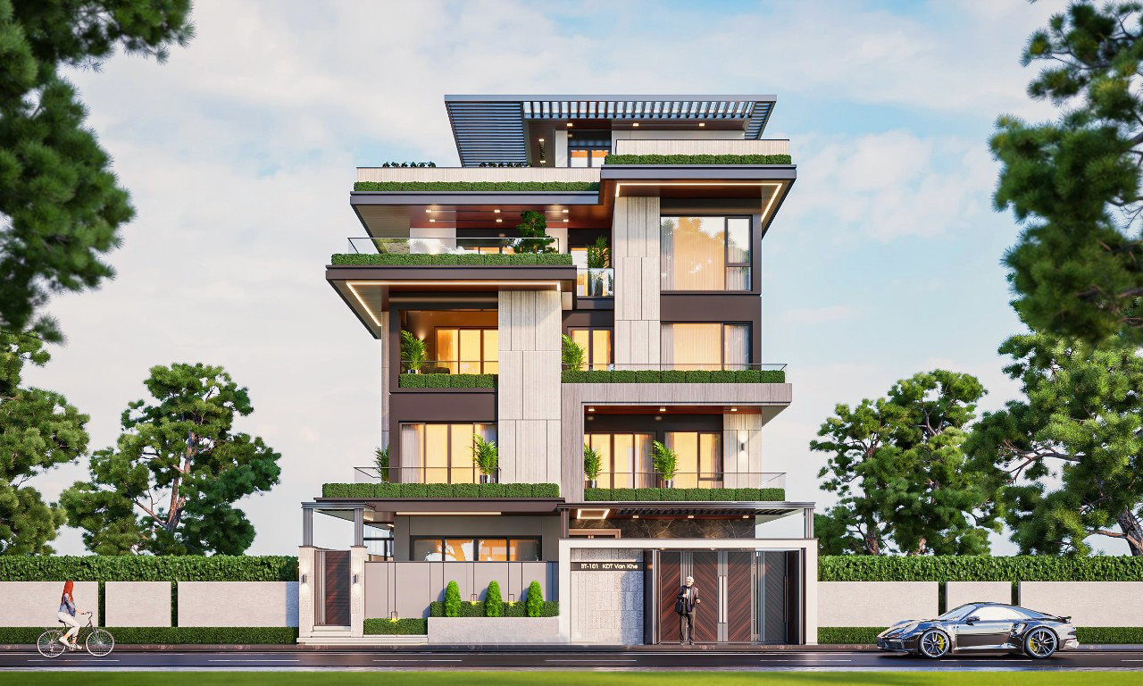 Tổng thể công trình biệt thự 4 tầng hiện đại