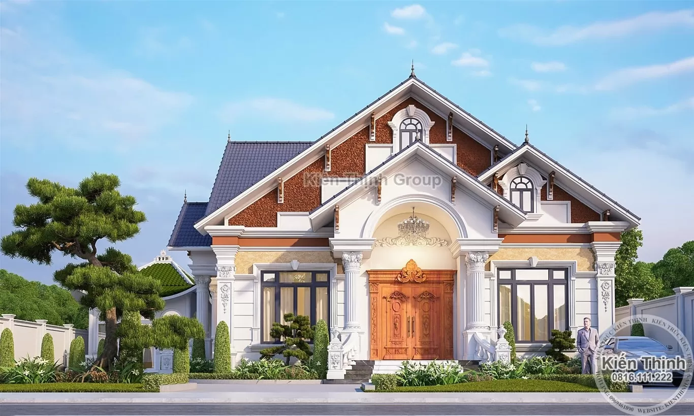 Mặt tiền biệt thự được thiết kế với các hoa văn mềm mại và tinh xảo
