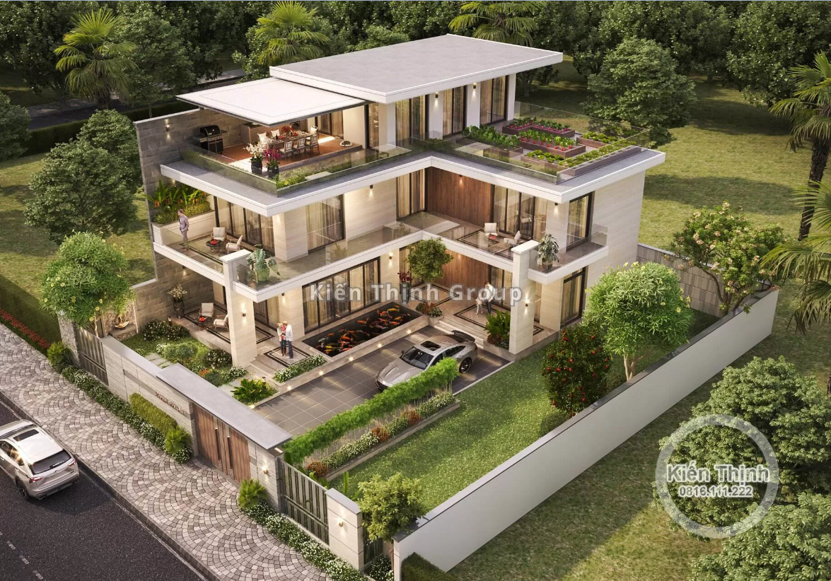 Biệt thự 2 tầng 1 tum sử dụng màu trắng chủ đạo, kết hợp cùng vật liệu kính cường lực giúp tạo không gian mở rộng rãi, ấn tượng cho công trình.