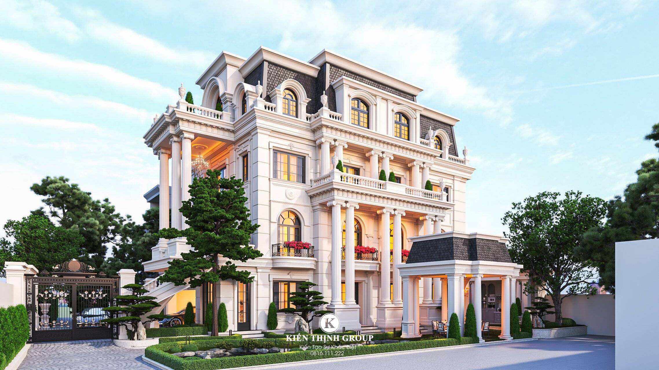Phối cảnh 3D ngoại thất căn biệt thự tân cổ điển 4 tầng tại Vĩnh Phúc