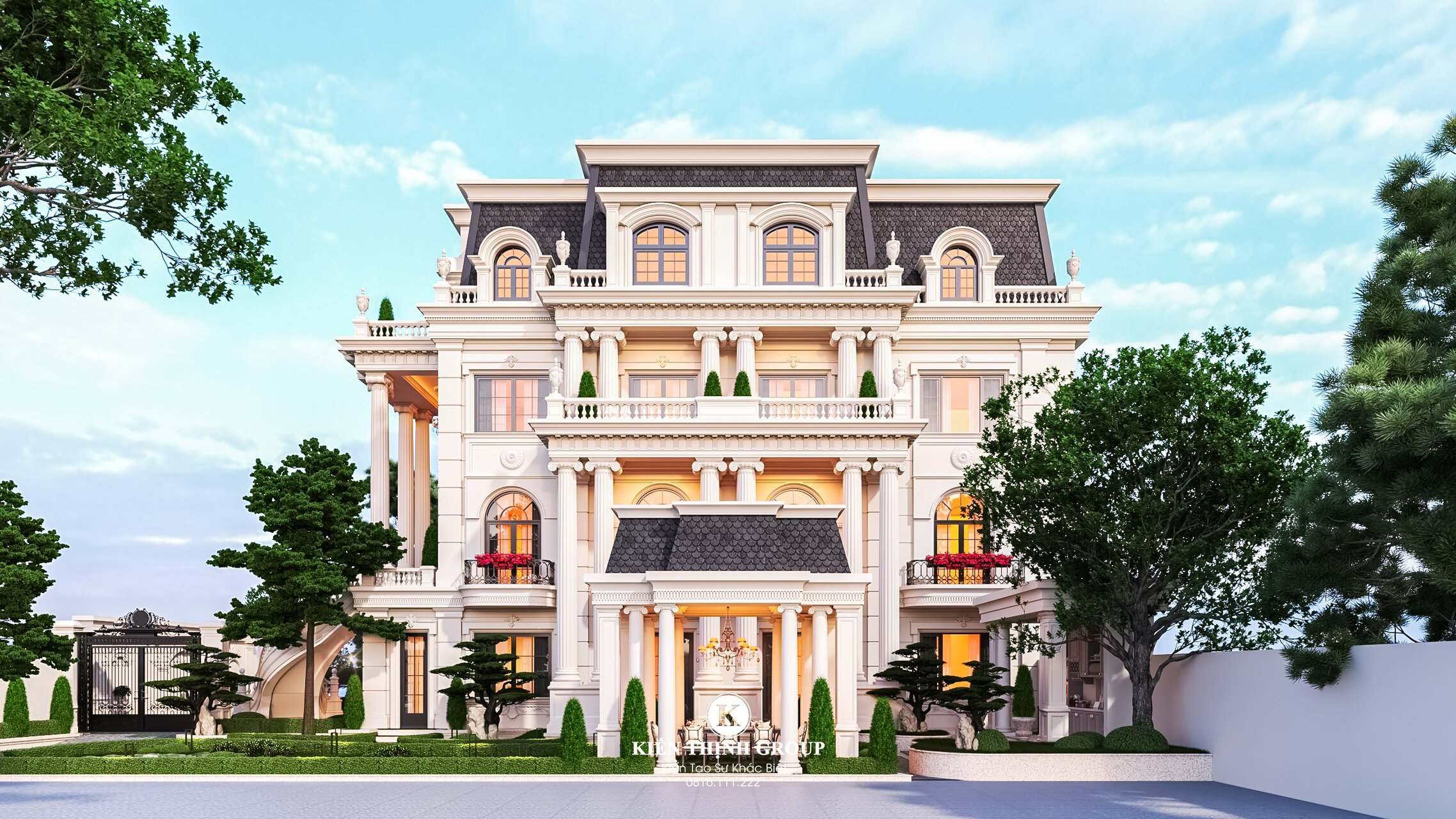 Phối cảnh mặt tiền phụ biệt thự 4 tầng phong cách tân cổ điển của gia đình anh Cường