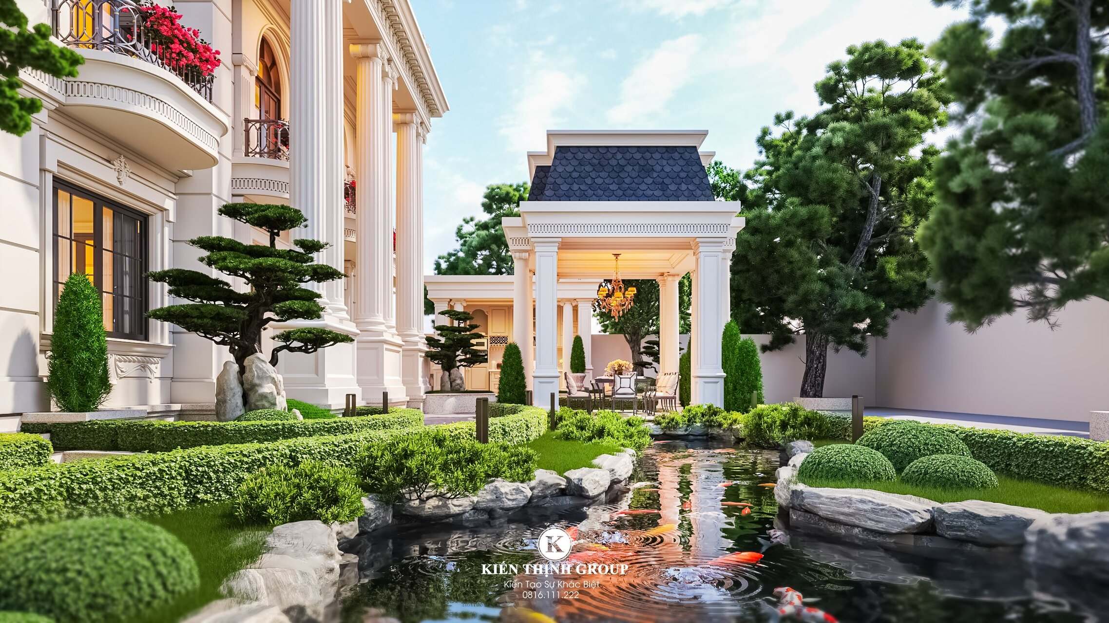 Sân vườn có hồ cá, chòi nghỉ thơ mộng