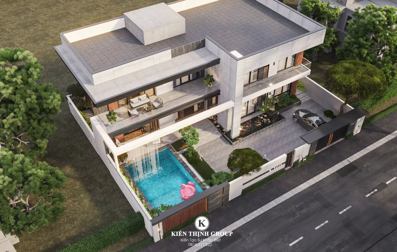Biệt thự hiện đại 2 tầng mái bằng tại Vĩnh Phúc tạo ấn tượng như một khu resort nghỉ dưỡng cao cấp với đa dạng tiểu cảnh sân vườn và thiết kế mở thoáng rộng.