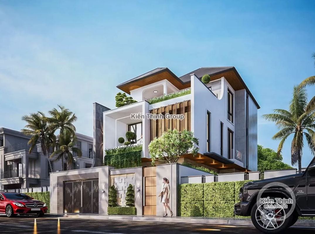 Biệt thự mái Thái 3 tầng được phủ một màu xanh tươi mới, trẻ trung vừa giúp tăng tính thẩm mỹ vừa tạo không gian sống trong lành, thoáng đạt cho gia đình.