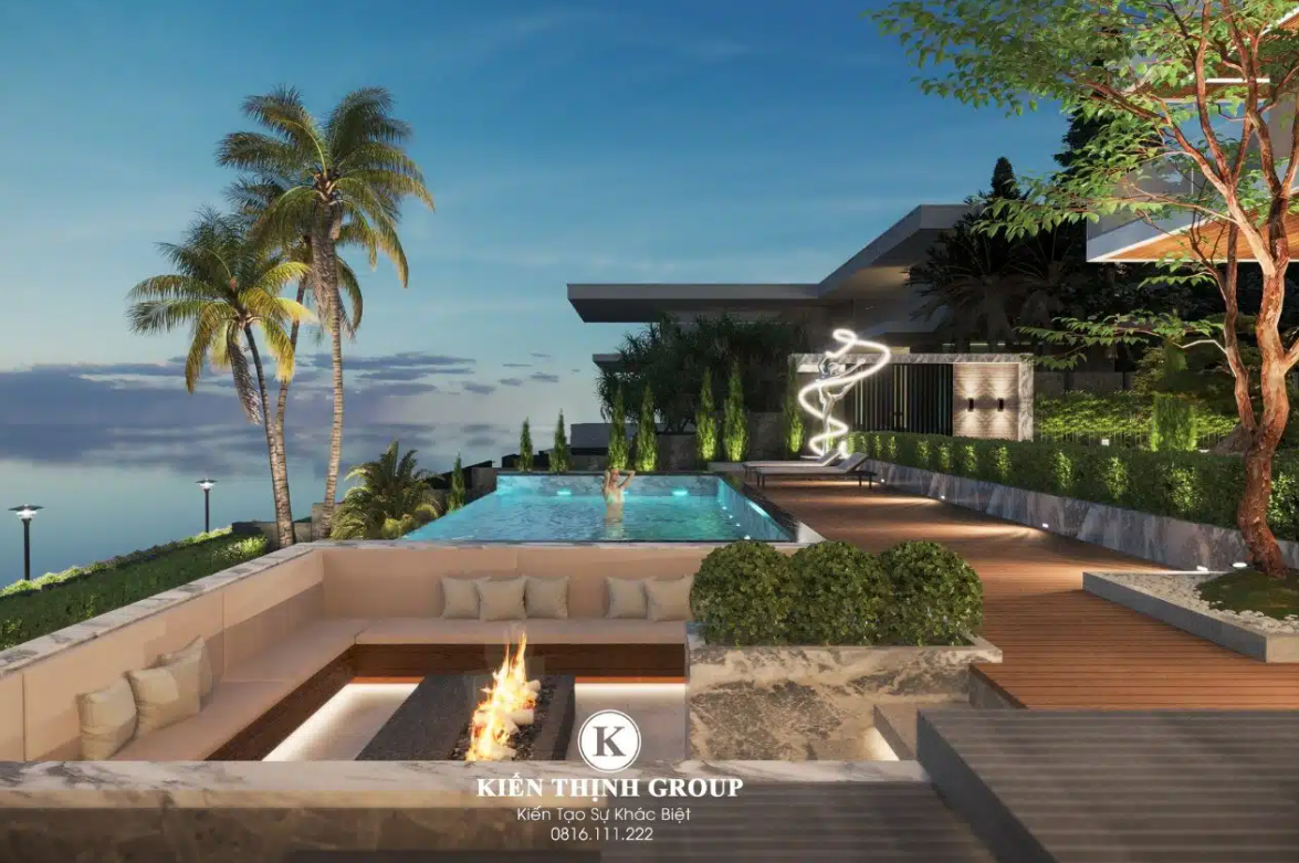 Không gian sân vườn đẳng cấp của ngôi biệt thự nghỉ dưỡng 2 tầng 1 tum, mang đến trải nghiệm sống trọn vẹn cho gia chủ.