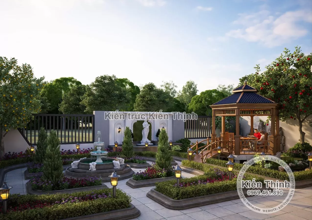 Khu vườn thơ mộng, xinh đẹp, kết hợp với nhà chòi nghỉ ngơi bằng gỗ truyền thống, đã tạo nên không gian trò chuyện, thư giãn thoải mái cho các thành viên.