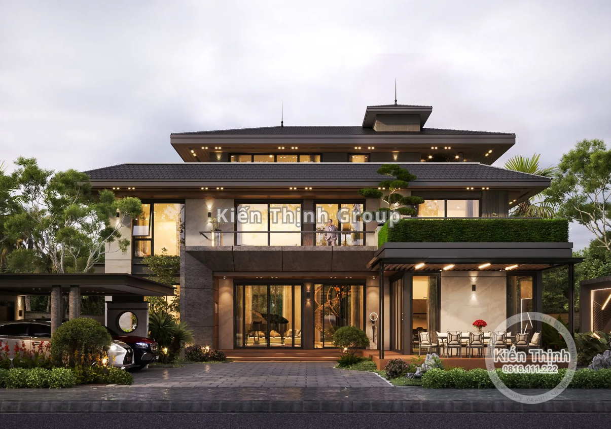 Ngoại thất biệt thự tạo không gian mở thoáng đạt với vật liệu kính cường lực.