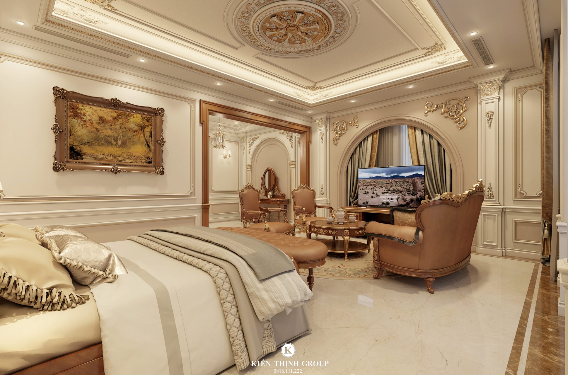 Phía cuối giường ngủ là bộ bàn ghế sofa phòng ngủ cỡ lớn và kệ tivi, tạo không gian thư giãn riêng biệt