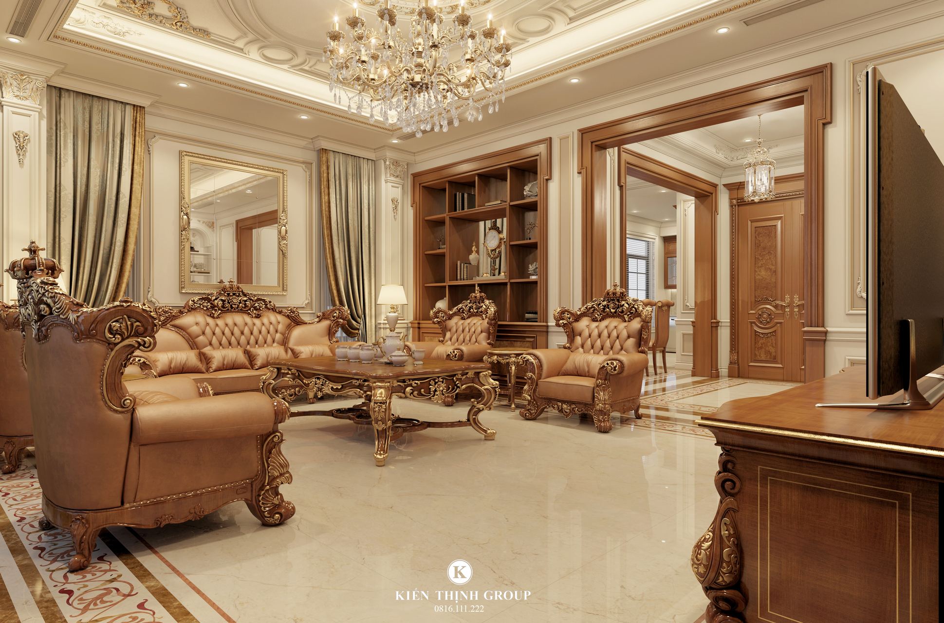 Bộ bàn ghế sofa da kết hợp khung gỗ gõ đỏ cao cấp là điểm nhấn chính của căn phòng