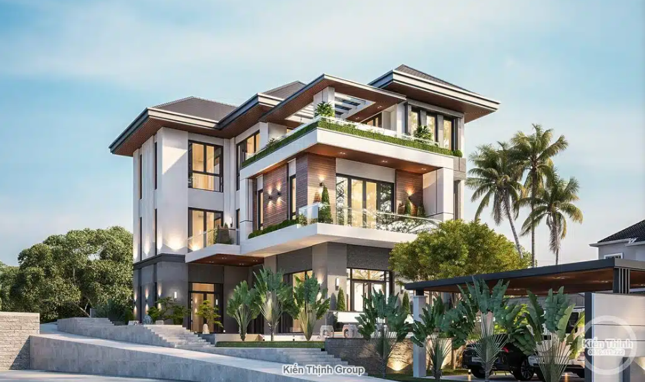 Với thiết kế mái Thái, biệt thự 3 tầng càng thêm bề thế, vững chãi, kết hợp hiệu ứng không gian mở từ hệ cửa kính, ngôi nhà của anh Hưng càng thêm rộng lớn hơn.