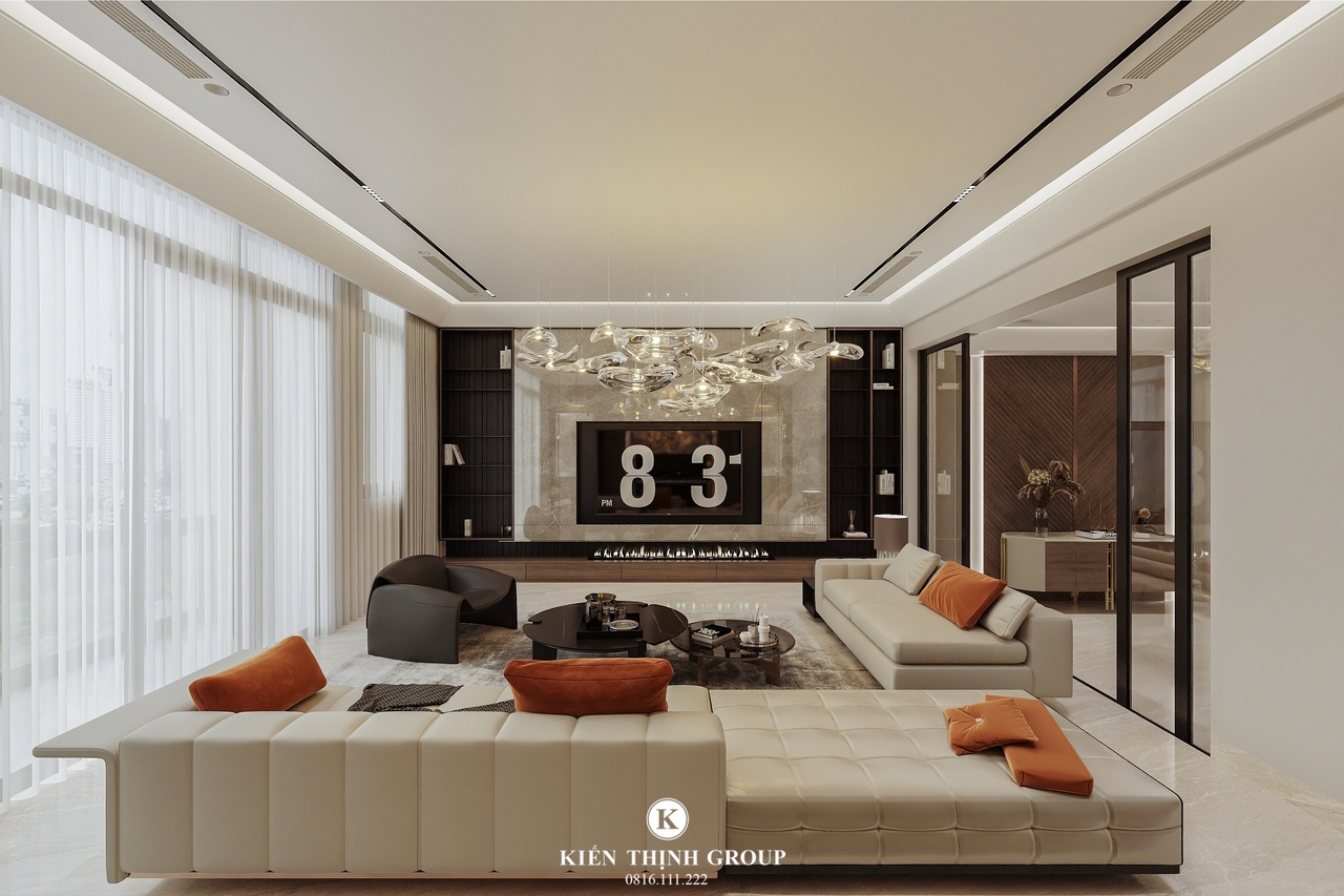 Bộ sofa bọc da cao cấp, kiểu dáng vuông vắn tạo điểm nhấn hiện đại cho căn phòng