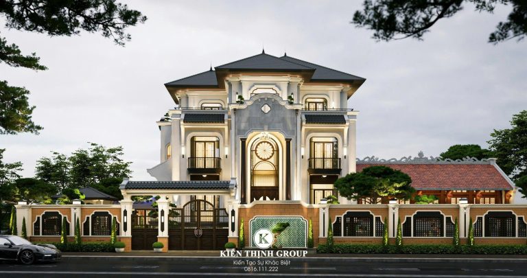 Toàn cảnh phối cảnh 3D của biệt thự Indochine 3 tầng tại Vĩnh Phúc
